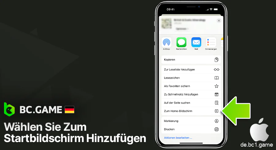 Klicken Sie auf „Zum Startbildschirm hinzufügen“, um eine Verknüpfung zu BC.Game zu erstellen.