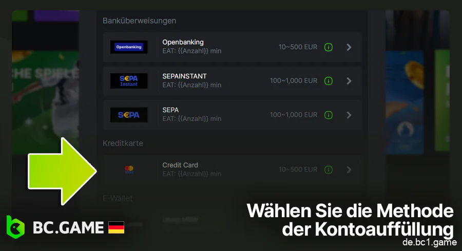 Wählen Sie eine Zahlungsmethode auf BC.Game