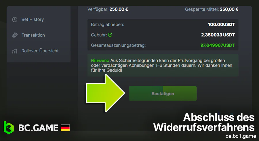 Beenden Sie die Abhebung von Geldern von BC.Game