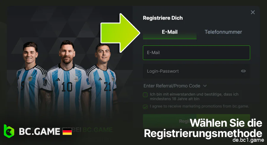 Wählen Sie eine verfügbare Registrierungsmethode auf BC.Game