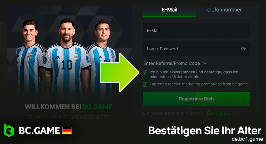 Bestätigen Sie Ihr Alter, wenn Sie sich auf BC.Game registrieren
