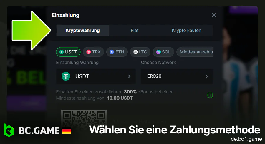 Wählen Sie eine Zahlungsmethode, wenn Sie eine Einzahlung auf BC.Game vornehmen